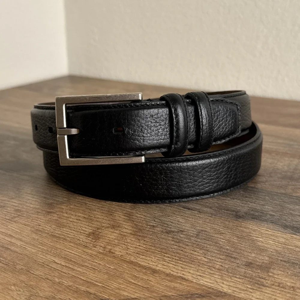 Golf Pebble Grain Leather Belt Silver Buckle Black Mens Size 38